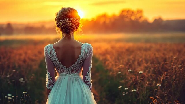 Bride in ethereal gown enjoys sunset in a serene field with wildflowers