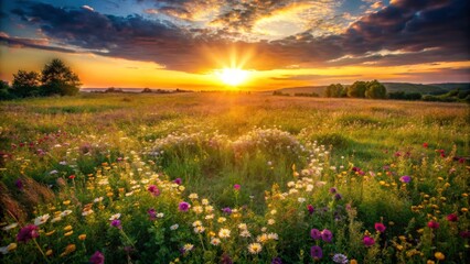 Beautiful Sunset Over a Vibrant Flower Field in Nature's Splendor