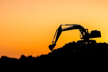 Excavator silhouette against sunset sky.