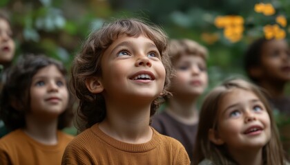 Fototapeta premium A group of children with curious expressions look upwards, surrounded by lush green foliage. They wear earthy toned clothing. The image evokes a