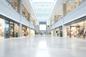 White blank mockup of a digital advertising panel in a shopping mall with a blurred background. This image concept is suitable for your design work. 