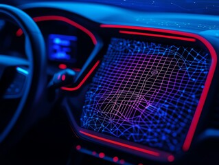 Futuristic car dashboard with glowing interface.