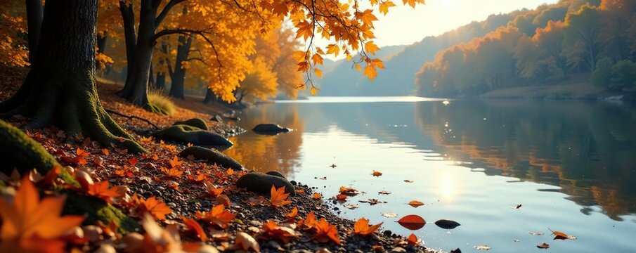 Leaves and branches scatter on lake Vatten's shore, earthy, autumn