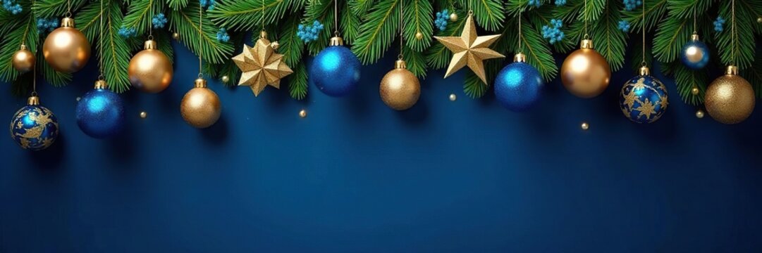 Ornamented garland hanging on dark blue background, blue and gold ornaments, holiday decorating tips