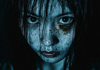 Close up portrait of a child's face, covered in a dark, gritty substance, with gold glitter near the eyes, intense expression, dark background, moody