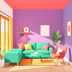 Living room with vibrant colors, cheerful atmosphere, featuring playful artwork and cozy furniture