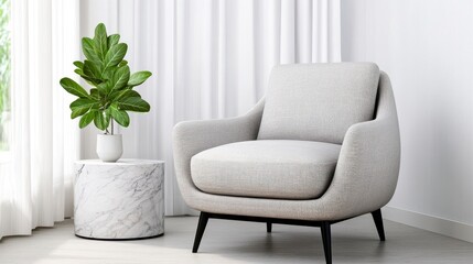 Fototapeta premium Modern Minimalist Armchair with Potted Plant and Marble Table