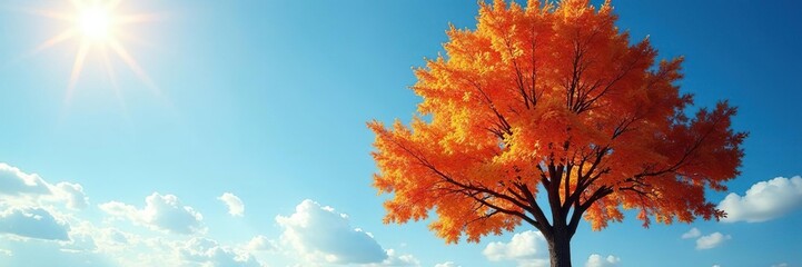 Blue sky with a stunning autumn tree against warm sunlight, sky, warmth