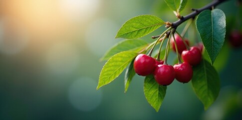 Obraz premium Branch of tree with ripe red cherries covered by mist, foliage, leaves, serene