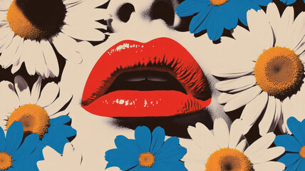 A striking depiction of vivid red lips set against a backdrop of colorful daisies, showcasing popular design motifs from the 60s to the 80s
