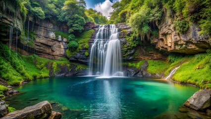 Fototapeta premium Serene Waterfall Cascading Into Crystal Clear Emerald Pool