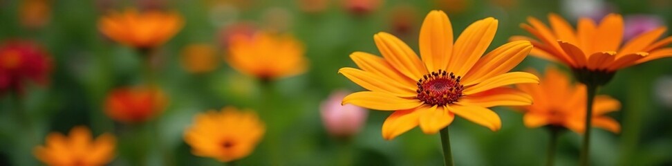 Orange gerbera daisies in a garden with other flowers, colorful, , nature