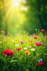 Fototapeta premium Sunlight filters through flowers in green meadow, wildflowers, nature, color