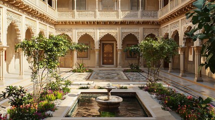 A beautifully designed courtyard featuring intricate architecture and lush greenery. The scene includes a central fountain surrounded by colorful flower beds, with ornate arches and balconies visible 