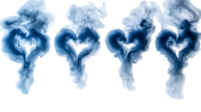 Blue Ink Hearts Abstract Swirling Design, Artistic Background with Love and Fluid Colors, isolated on transparent background.