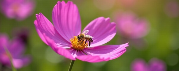 Golden bee collecting pollen from purple cosmos flower in a garden, nature, pollen, spring