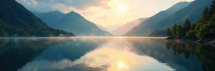 Obraz premium Morning sunlight casts ripples on serene mountain lake, reflection, serenity
