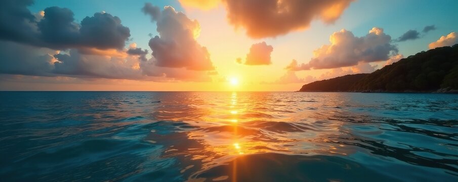 Golden rays of sunlight on Whitsunday Reef at dusk, reef, natural