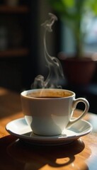 Fototapeta premium Steam rising from the cup as it sits on table, coffee, liquid, steam