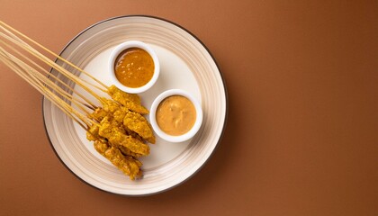 Indonesian satay food on a plate with peanut sauce, isolated brown background, copy space