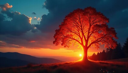 Flames engulfing a tree against a clear blue sky at sunset, flames, trees