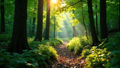 Obraz premium Forest trail with sunlight filtering through leaves, trails, tree branches, foliage