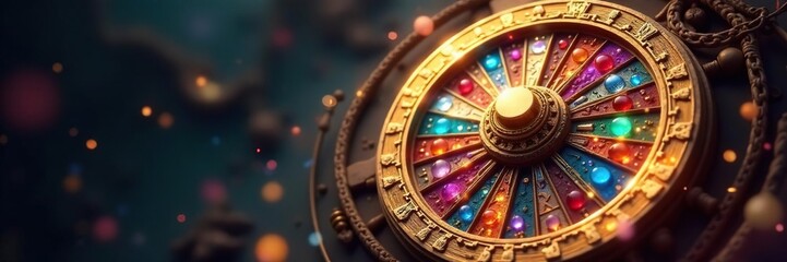 Golden Wheel of Fortune with intricate carvings and gemstones spinning in mid-air, mystic, ancient, ornate