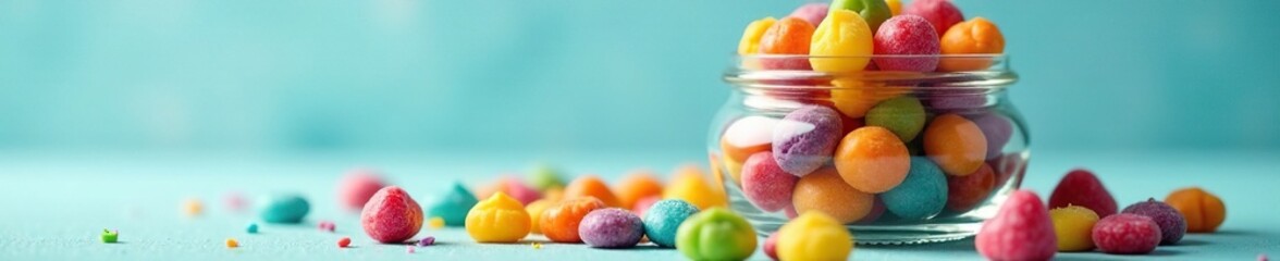 Glass pot filled with colorful mouth fresheners and chocolates, health, treats