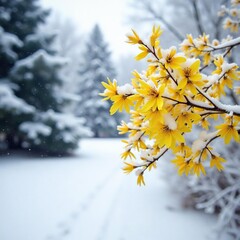 Neige recouvrant les fleurs de forsythia jaunes, blanche, blanc