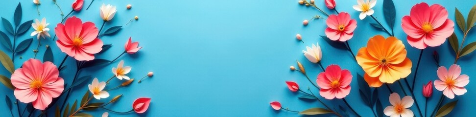 Abstract paper flower arrangement, blue background, empty space, pastel, design