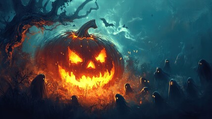 A haunting Halloween scene featuring a large, glowing jack-o'-lantern with a sinister grin at its center. The pumpkin is surrounded by eerie ghostly figures with glowing eyes, shrouded in misty darkne