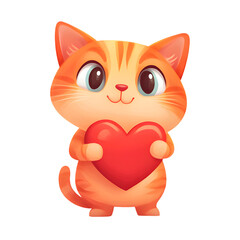 Cute brown cat holding a red heart in hands