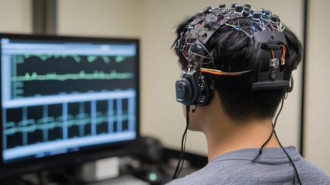 Brain activity research using EEG technology, monitoring neural data on a computer screen