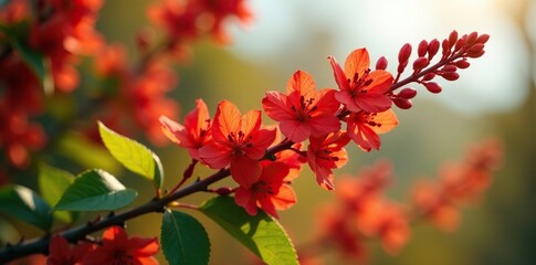 Fototapeta premium Clusters of red flower buds on Photinia branches in sunlight, botanical, branch, floral