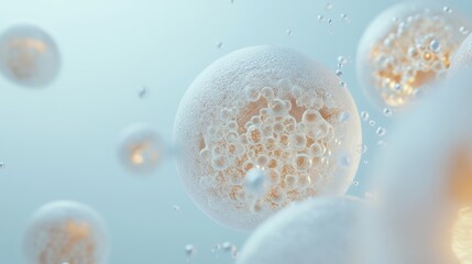 Futuristic visualization of freeze dried exosome particles with glowing spheres and depth effects