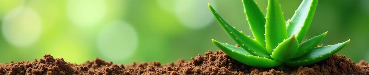 fresh aloe vera plant with green leaves and brown soil, natural colors, aloe vera, botanical