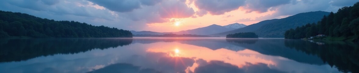 Fototapeta premium Cloudy evening scene at Mirror Lake with a calm lake surface, reflection, natural world, calm