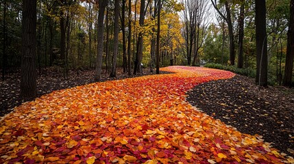 A winding path covered in vibrant autumn leaves, showcasing a blend of orange, red, and yellow hues. The scene is framed by trees with sparse foliage, hinting at the late fall season. The soft lightin