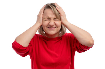 A young woman in a red sweater expressing discomfort while holding her head.