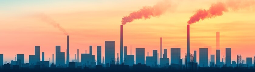 Industrial skyline with smoke and sunset.
