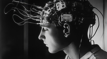 Cybernetic Man with Wired Brain Interface in Black and White Portrait
