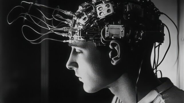 Cybernetic Man with Wired Brain Interface in Black and White Portrait