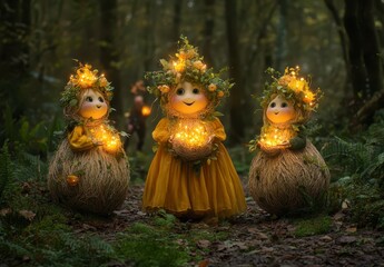 Three whimsical, glowing figures resembling nature sprites stand in a dimly lit forest path. They wear floral headdresses and dresses, holding