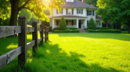 Serene Summer Scene A Wooden Fence Lines a Lush Green Lawn, with a Charming House Softly Blurred in the Background, Bathed in Warm Golden Sunlight