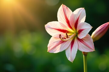 Fototapeta premium Delicate double flower with white petals and red stripes in garden bloom, hippeastrum, red