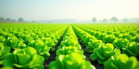 Vibrant Green Rows of Cultivated Lettuce in a Vast Agricultural Field Under a Bright Sunny Sky