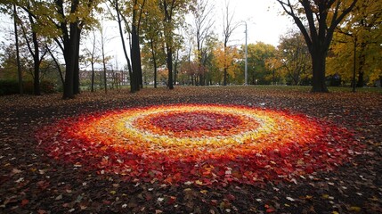 A vibrant circular arrangement of colorful autumn leaves, predominantly in shades of red, orange, and yellow, set against a backdrop of barren trees and a cloudy sky. The artistic composition creates 