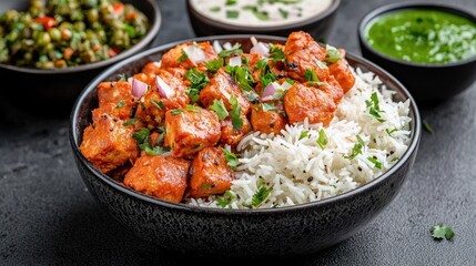 Spicy chicken tikka masala with rice and sides