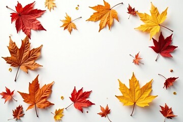 Fototapeta premium Dried leaves scattered on a crisp white background, autumn landscape, abstract