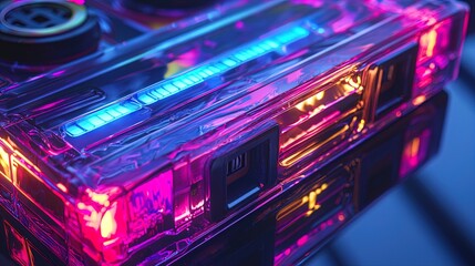 A close-up view of a translucent cassette tape illuminated with vibrant blue and pink neon lights. The glossy surface of the cassette reflects light, creating a mesmerizing visual effect. The backgrou